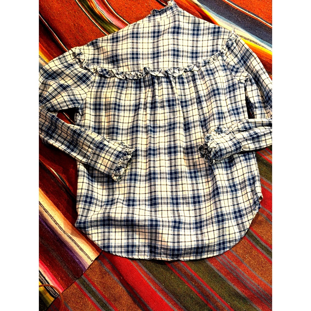 Ralph Lauren Women Sz 8 White Plaid Flannel Ruffled Mock Collar Long Sleeve - Picture 6 of 10